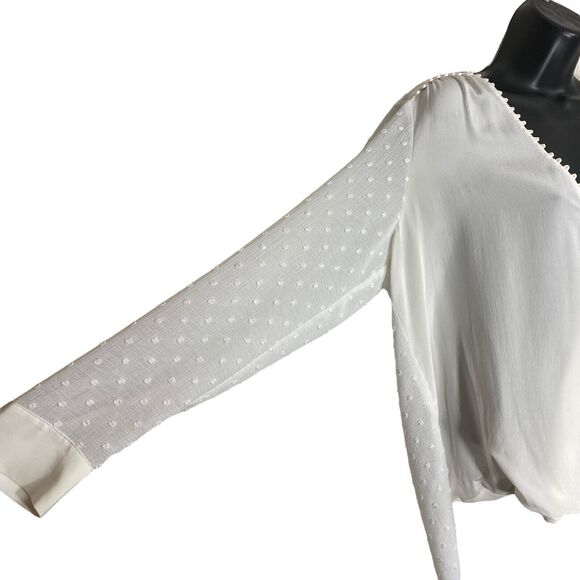 L’Agence Top Womens L Ivory Silk Blouse Perry Swiss Dot Surplice V-Neck Crepe - Picture 7 of 12